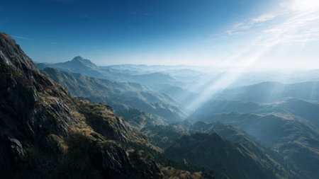 A gentle sunrise illuminating a vast mountainous landscape.の写真素材
