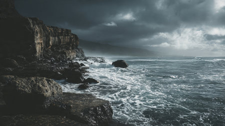 A painterly jungle scene with bold strokes forming the waterの写真素材