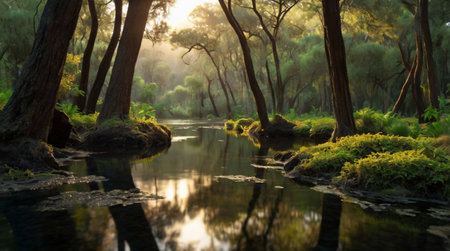 Lush ferns encircle the waterfallの写真素材