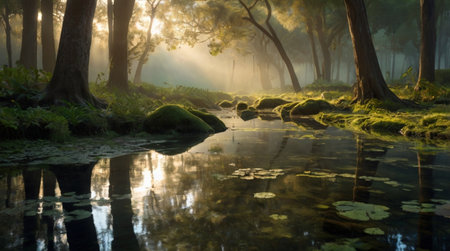 Mist softens the transition from emerald moss to cerulean water to the gleaming leafy canopy.