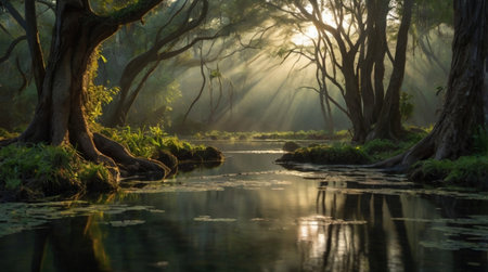 Heavy greens and earthy browns frame the base, while turquoise water drips upward into soft mist.の写真素材