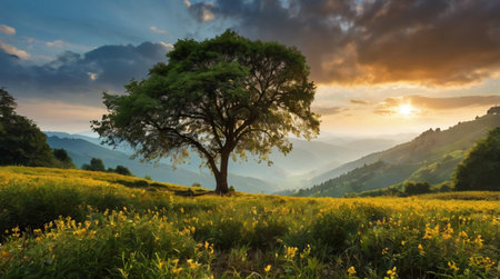 A highland meadow with grazing animals and distant hills.の写真素材