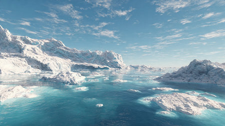 A glacial landscape with icebergs floating in clear blue water under a blue sky.