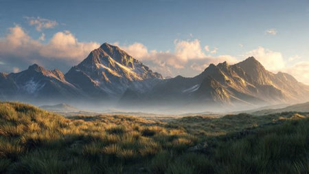 A glowing sunrise peeking over snowy mountain peaks.の写真素材