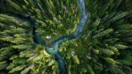 Gentle rivers flowing under an arched wooden bridge.の写真素材