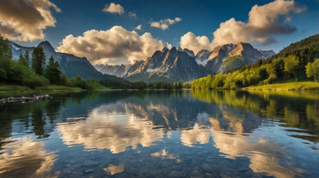 A serene mountain lake with reflection under a cloudy sky.