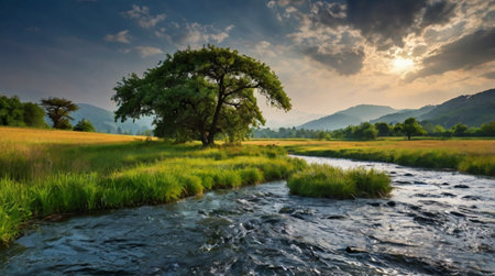 A forest waterfall cascading into a shallow pool.の写真素材