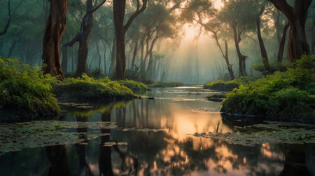 Soft vapor rises from the water impact point, illuminated as it reaches the sunlit canopy.の写真素材