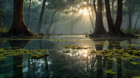 Mist gently softens the line between waterfall and canopy in a radiant blend of cool and warm tones.の写真素材