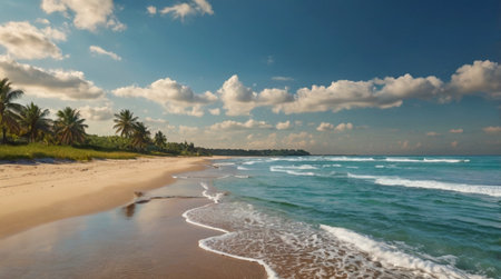 Misty vapor rises between the waterfall and tree canopy, softening the transition from cool water to warm green tones.の写真素材
