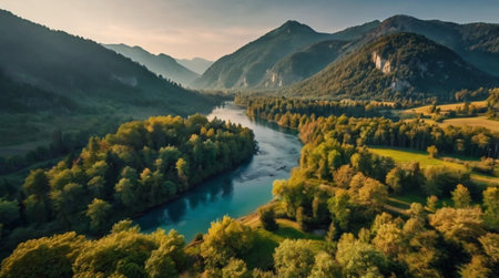 A serene river meanders through a lush, verdant valley, flanked by dense forest and majestic mountains in the background.の写真素材
