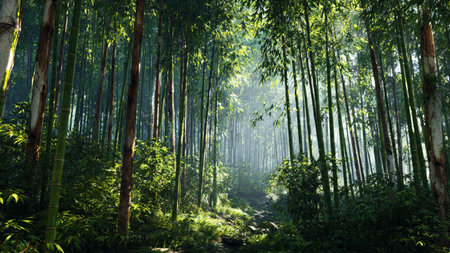 The upper jungle canopy glows with yellow-green highlights as a tall waterfall meets the mossy textures below.の写真素材