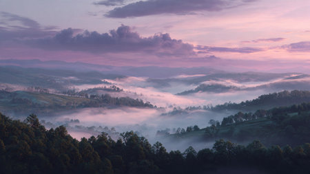 Mist flows softly into the upper foliage, illuminating the deep greens of the canopy.