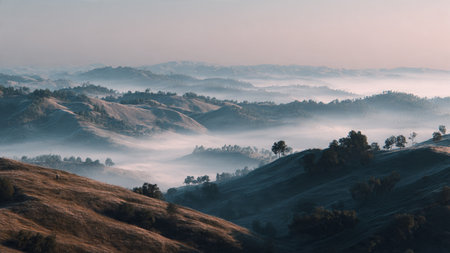 A canopy mosaic of cerulean and green radiates above the mist-filled waterfall.