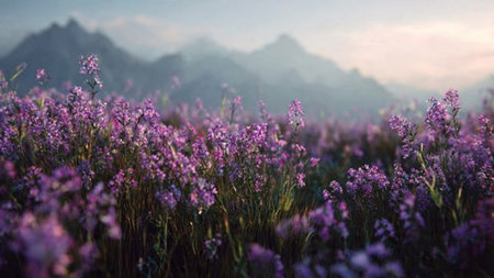 Mist from the waterfall rises in a soft veil that blurs into the upper greens.の写真素材