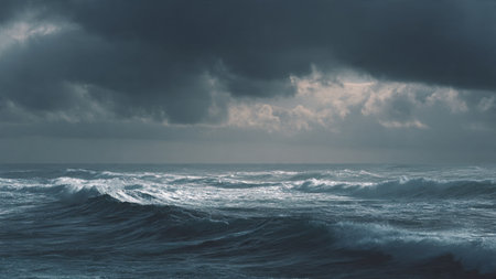 A burst of turquoise drips vertically through the center, bordered by rich moss details and a chaotic leafy canopy.の写真素材