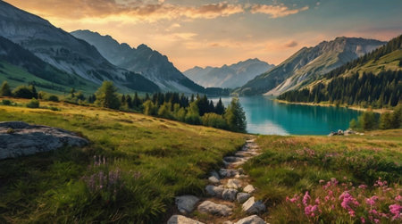 A canopy of tightly packed leaves crowns the scene, contrasting the smooth turquoise gradient of the...