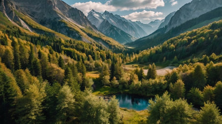 Layers of leaves create a jungle crown above the waterfallの写真素材