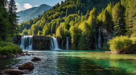 Dark earthy rock tones peek through the moss as the waterfall flows upward into vibrant foliage.の写真素材