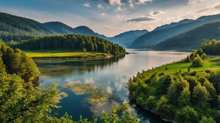 Splattered strokes intensify the green canopy as a shimmering waterfall cuts downward toward mossy foundations.の写真素材