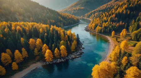 A river flowing through a valley surrounded by autumn-colored trees and rocky hills.の写真素材