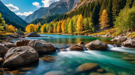 Blue-green water drops through the composition, connecting lush ground textures with a radiant tropical ceiling.の写真素材