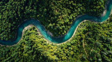 A panoramic view of mountains layered in blue gradients.の写真素材
