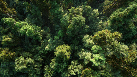 Strong downward strokes depict the falling water as scattered sunlight dances on the upper foliage.
