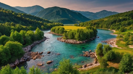 Thick emerald moss creates texture at the bottom, leading up into a dynamic waterfall rendered in bold strokes.の写真素材