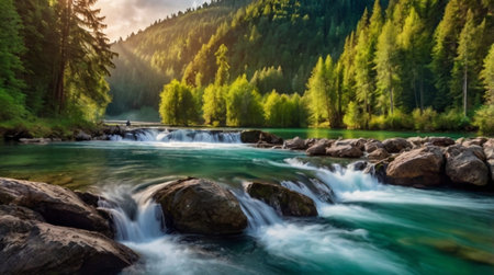 The top frame erupts with painterly foliage as soft mist from the waterfall rises gently.