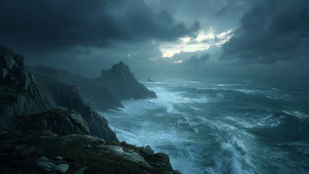 Multiple leaf layers overlap in the canopy, catching reflected blues from the waterfall spray.の写真素材