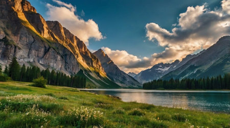 Misty vapor rises between the waterfall and tree canopy, softening the transition from cool water to warm green tones.の写真素材