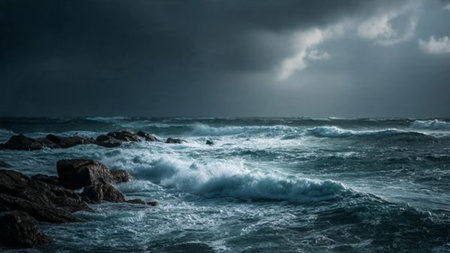 Mist gently softens the line between waterfall and canopy in a radiant blend of cool and warm tones.の写真素材