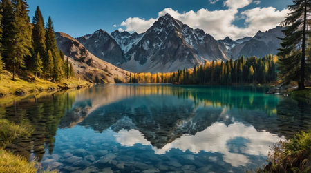 The waterfall's vertical ribbon glimmers with turquoise hues, surrounded by lush ferns at the base and bright leaves above.の写真素材
