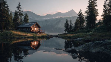 Textured paint strokes intensify the upper canopy, creating contrast against the smooth water stream.の写真素材