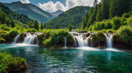 Mist drifts from a vivid waterfall into a foliage-filled upper frame, while mossy stones anchor the bottom with deep saturated greens.の写真素材