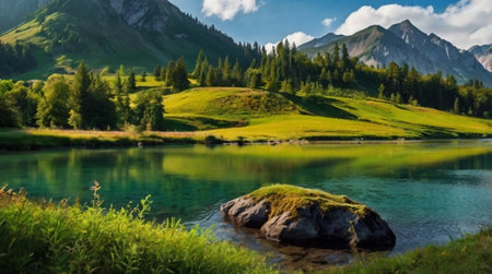 Lush ferns blanket the bottom quarter, guiding the viewer toward the strong vertical stream cutting...