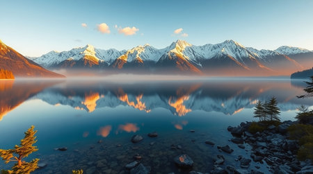 The top frame features painterly foliage as soft mist rises gently.の写真素材