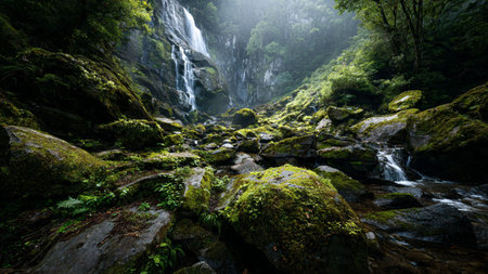 Dense lower moss, a glowing waterfall column, and a sunlit canopy form a vivid vertical jungle...