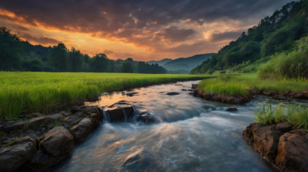 Ferns dominate the lower landscape in rich, vivid tones.