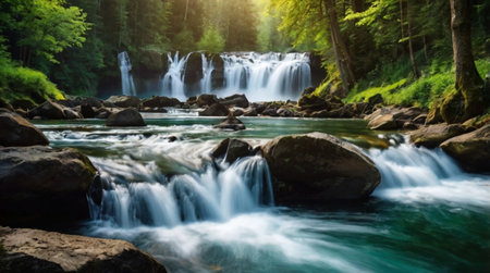 A tall waterfall painted in bold, sweeping strokes connects dense ground textures to a radiant canopy.の写真素材