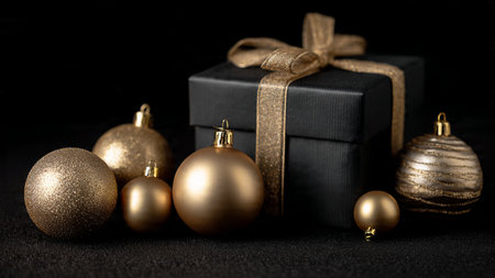 Christmas gift box and golden baubles on black background, closeup
