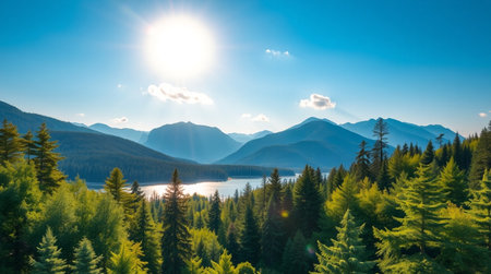 Beautiful mountain landscape with lake and forest in summer. Panoramaの写真素材