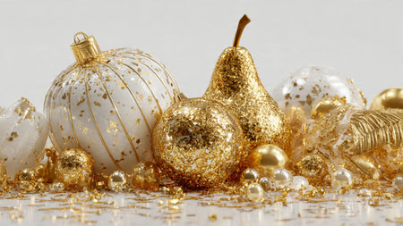 Golden and silver christmas ornaments on a white background.の写真素材