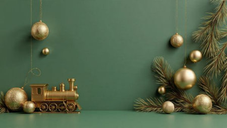 3d render of Christmas ornaments and golden train on green backgroundの写真素材