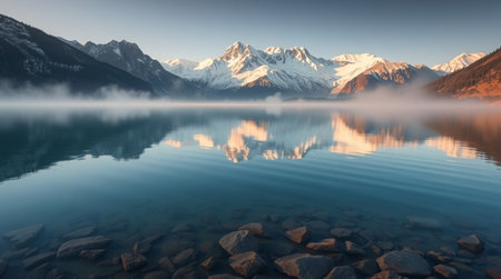Mountain lake in the morning with reflection of snow-capped peaks