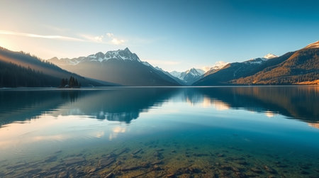 Mountain lake at sunset with reflection in the water, Canadian Rockies