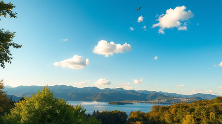 Landscape with lake and mountains under blue sky. Nature background.の写真素材