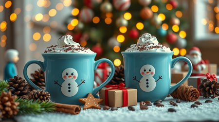 Two cups of hot cocoa with marshmallow, gift box and Christmas tree on backgroundの写真素材