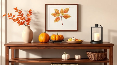 Autumn composition with pumpkins and autumn leaves on wooden shelf. 3d illustration